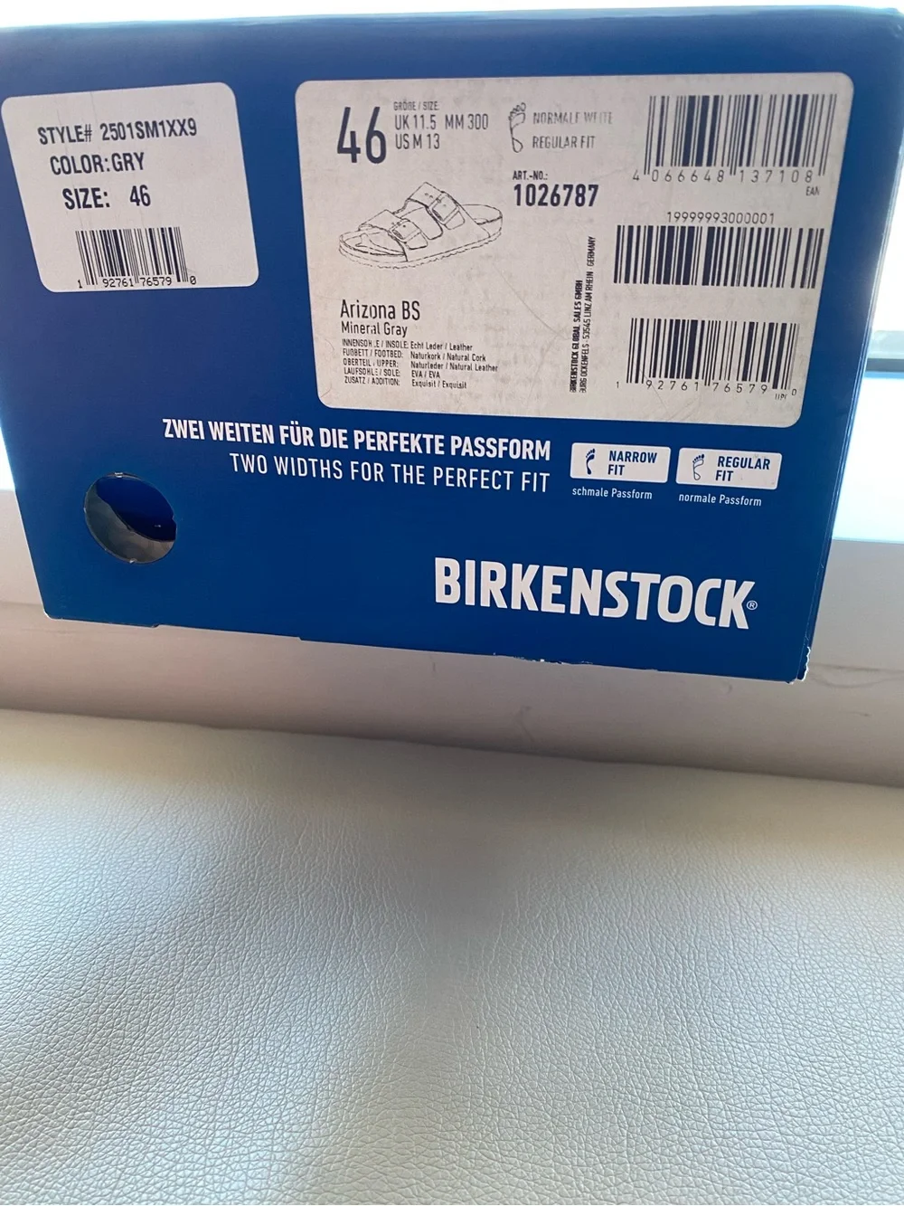 NIB Birkenstock Men's  Arizona Two-Buckle Slide Sandals 13 46 mineral gray